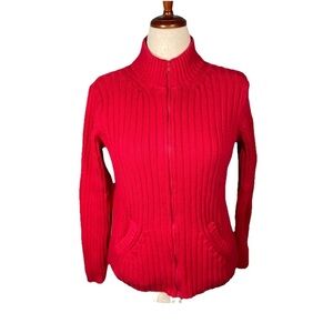 CASUAL CORNER 100% cotton zip front cardigan sweater Size Large In Red Christmas